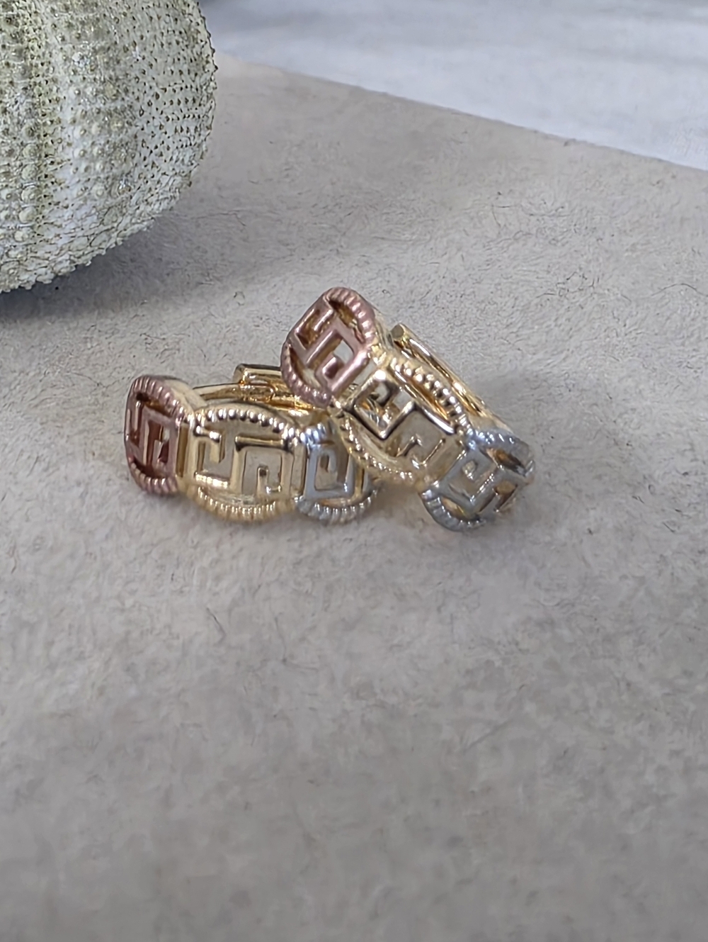 Gold Filled Tricolor Huggie Hoop Earrings Greek Key Design